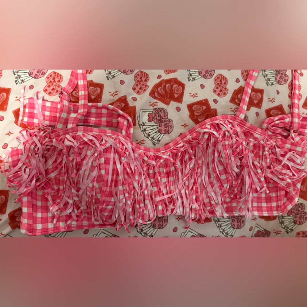 Pink and White Gingham Bikini Top with Fringe